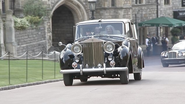 Following their nuptials, Lady Gabriella Windsor and Thomas Kingston were seen smiling from their wedding car as they drove past the royal party waiting for them.