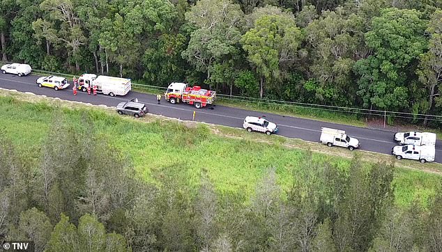 Ms Fullagar was among four people, including the driver, who died when the blue Mazda BT50 rolled onto the side of the road (pictured, emergency crews at the scene).
