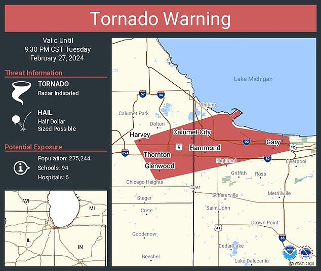 NSW Chicago said in a post on X on Tuesday: 'Tornado warning including Hammond IN, Gary IN and Calumet City IL until 9:30pm CST'
