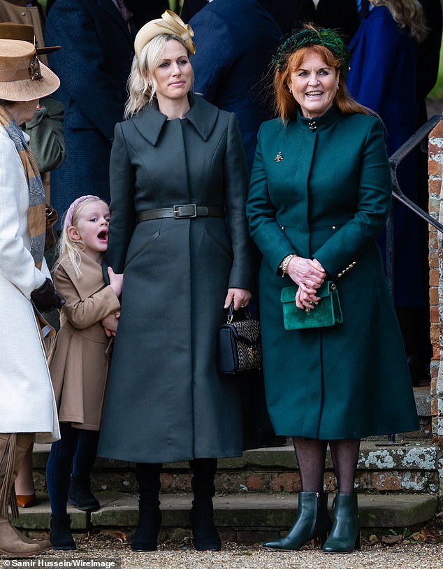 Sarah (pictured alongside Lena and Zara Tindall) spent Christmas at Sandringham, where she walked alongside members of the Royal Family to church.