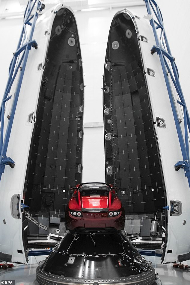 The Tesla Roadster concept shown in January 2018, a month before being launched into orbit aboard the SpaceX Falcon Heavy rocket