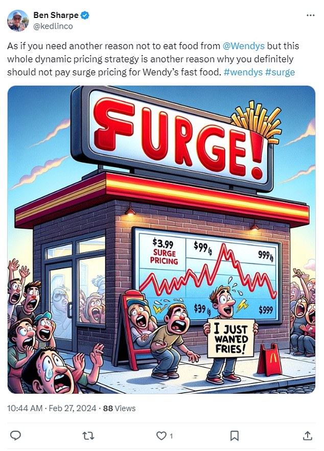 Pictured is a caricature of restaurant-goers protesting Wendy's dynamic pricing plans.