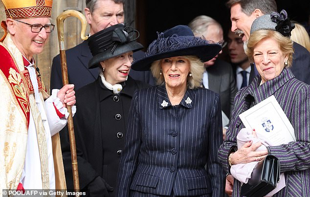 Camilla stands between Princess Anne and Queen Anne Mary of Greece in Windsor yesterday.