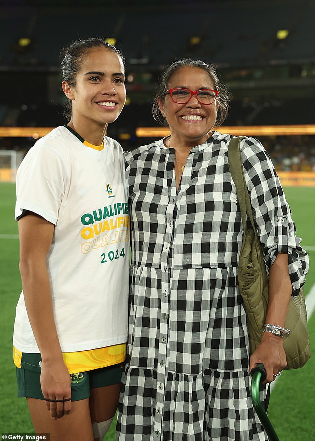 Freeman posed with Matildas star Mary Fowler after the win at Marvel Stadium.