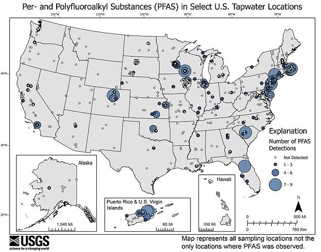 The map compiled by the US Geological Survey shows the number of detections of PFAS or 'permanent chemicals' at a large number of sites across the country between 2016 and 2021.
