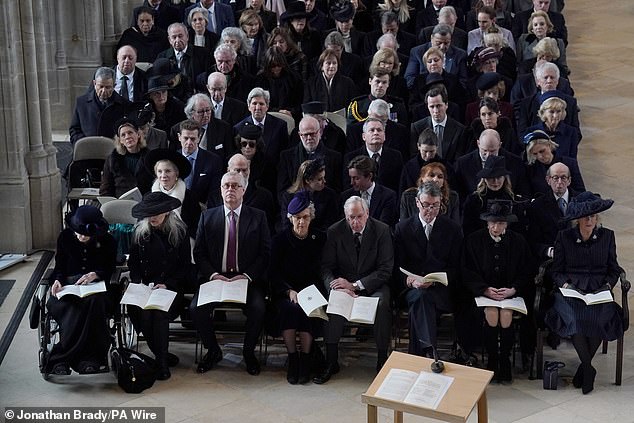 Gray heads and wrinkles: In the front row of Tuesday's service were, from left, Princess Alexandra, 87, her daughter Marina Ogilvy, 57, Prince Andrew, 64, the Duchess and the Duke of Gloucester, aged 77 and 79, Sir Tim Laurence, aged 68.  Princess Anne, 73, and Queen Camilla, 76