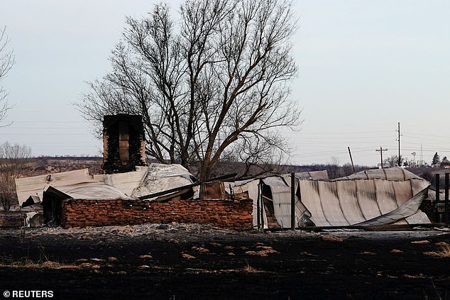 A view of a house that was burned by the Smokehouse Creek wildfire in Canadian, Texas