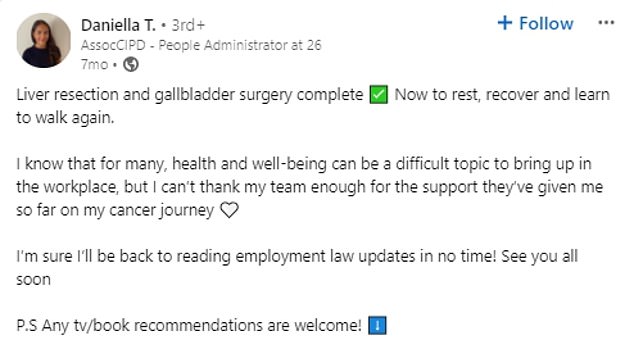 Daniella posted an update about her battle with cancer seven months ago, also on LinkedIn, revealing that she had undergone a liver resection and gallbladder surgery.