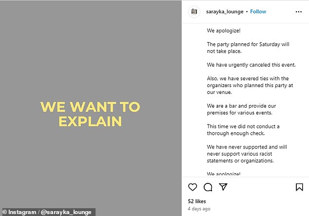 Sarayka Lounge, which was supposed to be the venue for the 'white party', also posted a statement on Instagram following its cancellation.