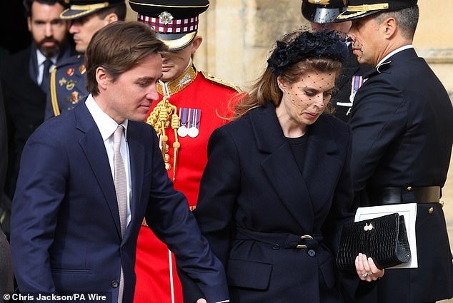Princess Beatrice and Edoardo Mapelli Mozzi depart today after attending the thanksgiving service at Windsor Castle.