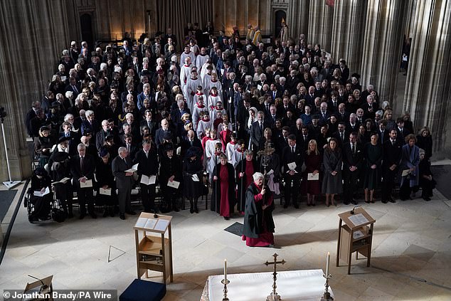 Guests attend a service of thanksgiving for the life of King Constantine at St George's Chapel at Windsor Castle this morning.