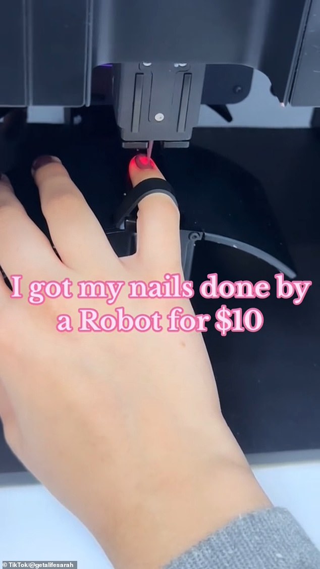 User @getalifesarah got her robotic manicure in November 2023 at her school for just $10.  The other woman spent just $8 on her robotic manicure at Target