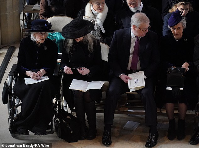 The Honorable Lady Ogilvy, 87, whose father is Prince George, Duke of Kent, wore an all-black ensemble as she arrived at the occasion in a wheelchair.