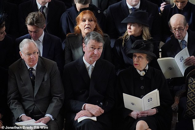 Royalty turned out in force for the service, with the Princess Royal surrounded by the Duke of Gloucester, Admiral Sir Tim Laurence, and in the row behind Edoardo Mapelli Mozzi, Sarah Duchess of York, Lady Helen Taylor and the Duke of Kent.