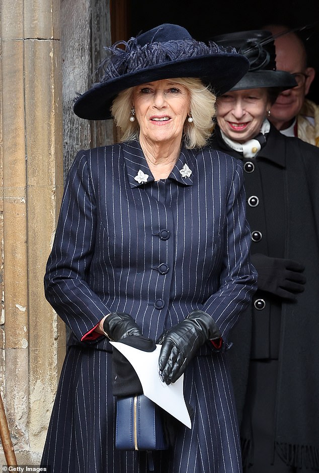 The Royal Family turned out in force for the thanksgiving service at Windsor Castle today.  Queen Camilla in the photo.