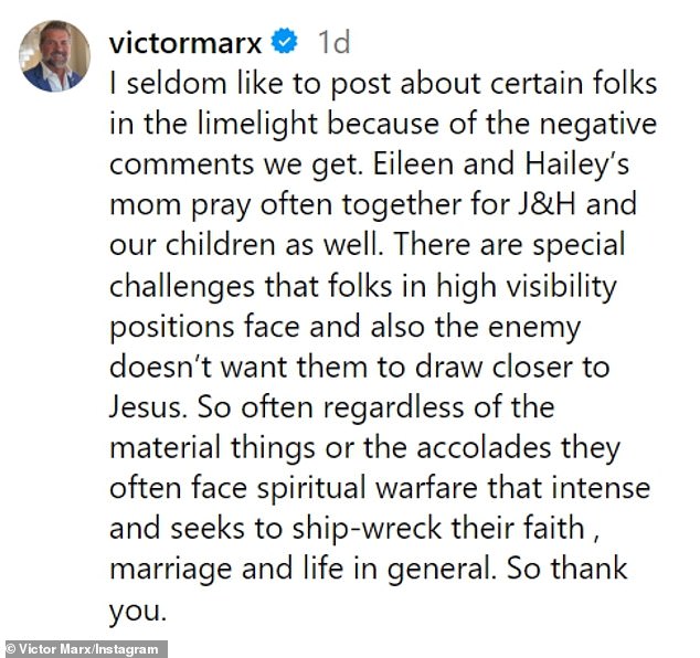 Victor wrote: 'There are special challenges that people in high visibility positions face and also the enemy does not want them to come close to Jesus. Very often, regardless of material things or praise, they often face a spiritual war that is intense and seeks to wreck their faith, their marriage and their life in general. So thanks'