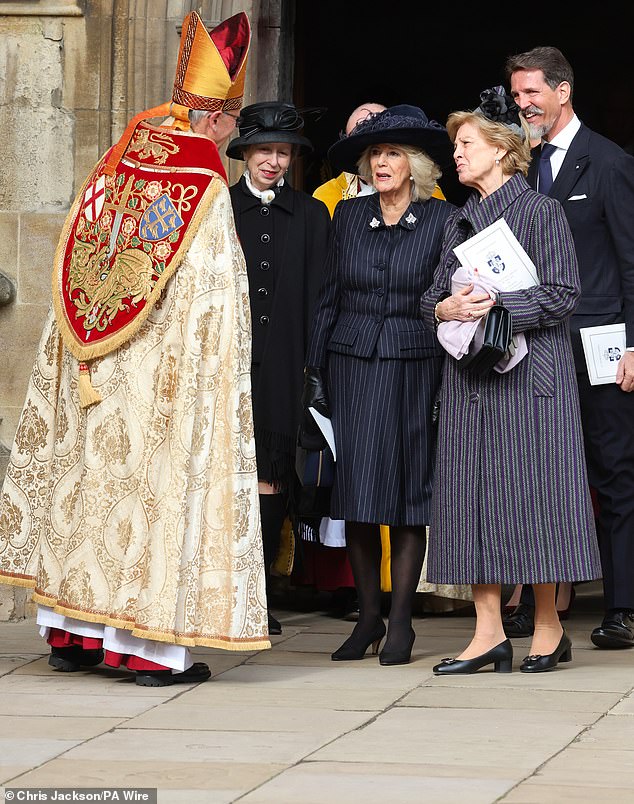 Queen Camilla was seen leaving King Constantine's memorial service with Princess Anne and Queen Anne Mary of Greece.