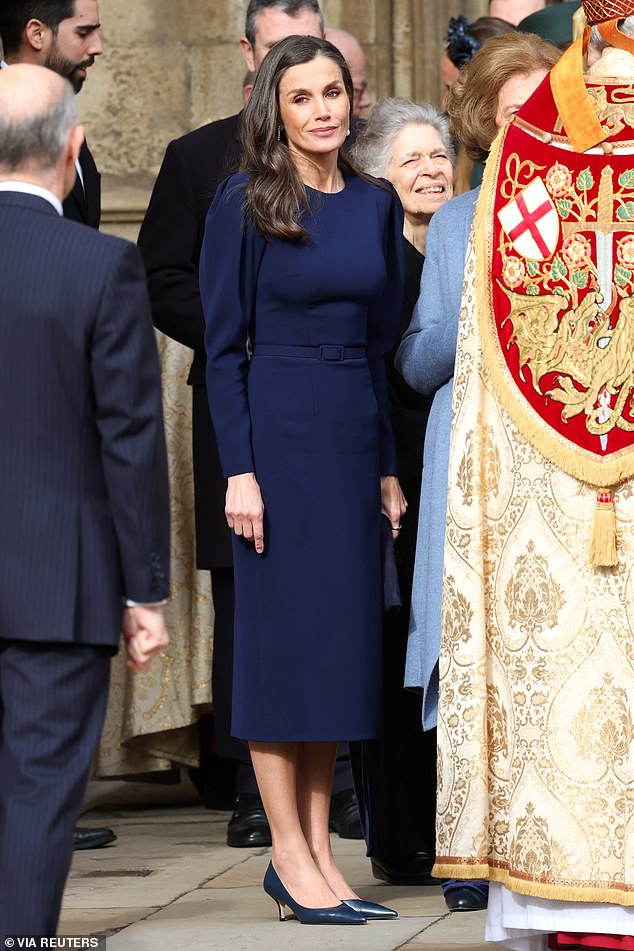 Queen Letizia of Spain appeared pensive as she spoke to other European royals after the funeral.