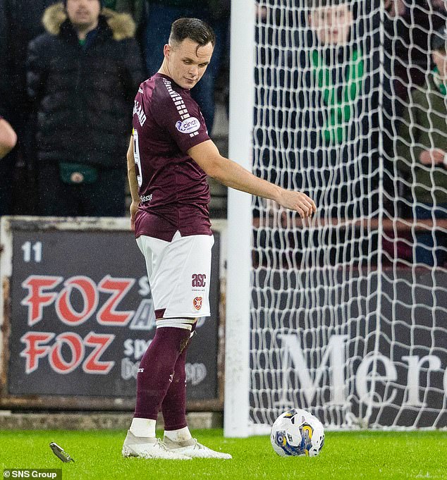 Lawrence Shankland stepped up to take a penalty late in the first half but was hit with numerous missiles, including a bottle opener.