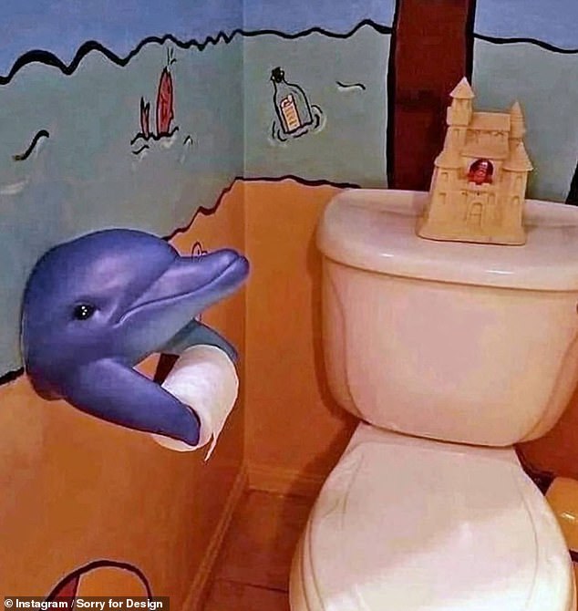 This bathroom focuses on aquatic aesthetics, including a dolphin-shaped toilet paper holder