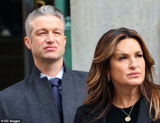 Peter Scanavino and Mariska Hargitay are seen on the set of the filming of the television series 'Law & Order: Special Victims Unit' on February 21, 2024 in New York City.