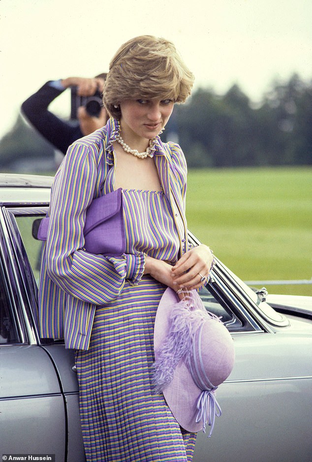 Diana attends Ascot the month before her wedding to Prince Charles in 1981 wearing a striped dress and matching lilac hat.