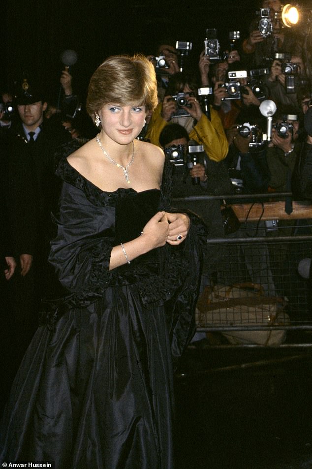 In a strapless black dress for her first official public engagement with Charles in March 1981, at a gala event at Goldsmith's Hall to benefit the Royal Opera House.