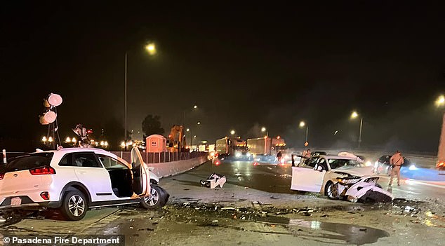 The driver of the other car, the Kia seen on the left, was hospitalized and nearly died, and is now suing Pullos for reckless endangerment.