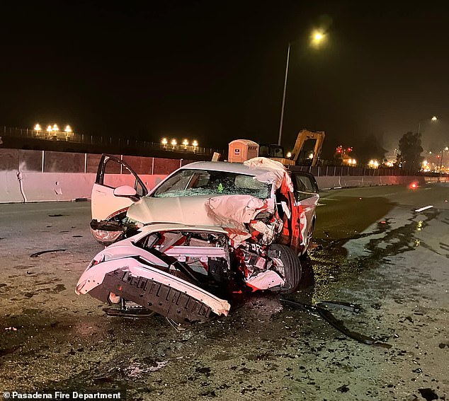 Marijuana edibles and tequila bottles were found during a search of Pullos's white 2019 Ford, photos of which show severe damage in the crash.