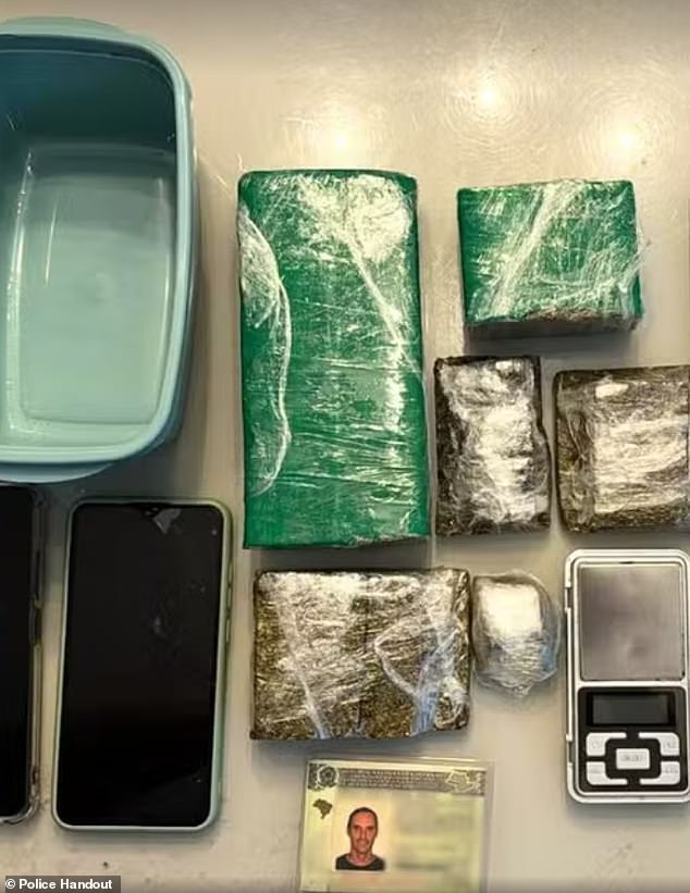 Authorities raided several properties in Santos, Brazil, on Thursday and arrested six suspected drug traffickers, including former news anchor Marcelo Carrião.  The drugs and mobile devices seen here were confiscated from his home.