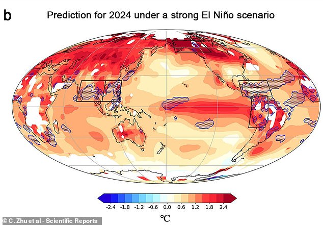This map shows the variation from the average in a strong El Niño scenario.  In this case, areas of Alaska and the Amazon will also experience record temperature spikes this year (record areas are shown with blue dots)