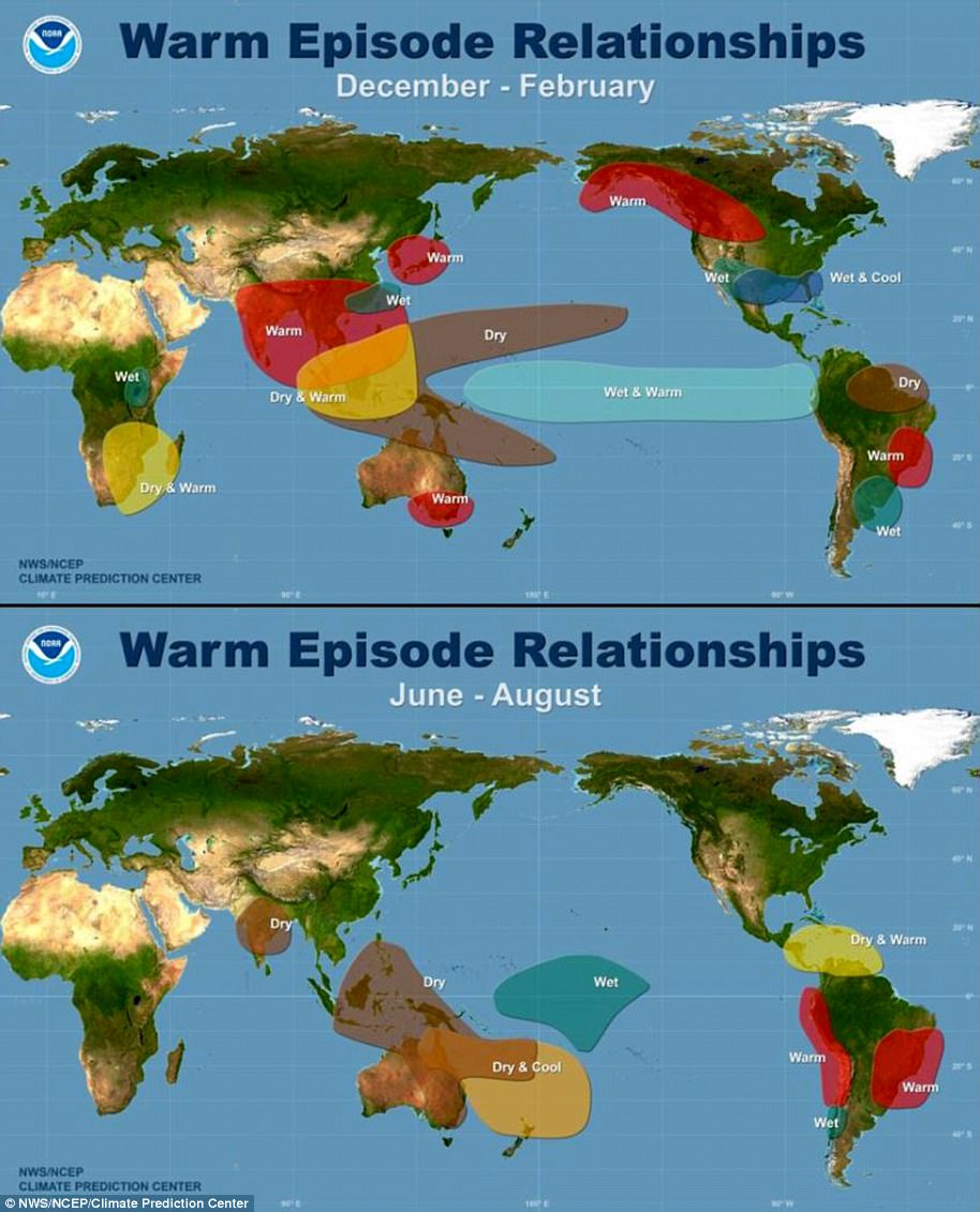 Maps showing the most commonly experienced impacts related to El Niño ('warm episode', top) and La Niña ('cold episode', bottom) during the period December to February, when both phenomena tend to be strongest.
