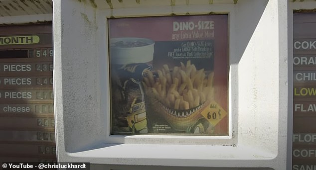 In a sign of the times, when Jurassic Park was a big hit in movie theaters, a sign at the self-service kiosk advertises a dinosaur-sized meal.