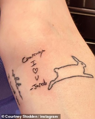 The new tattoo says 'Courtney I (heart) U - Jared' with a running rabbit
