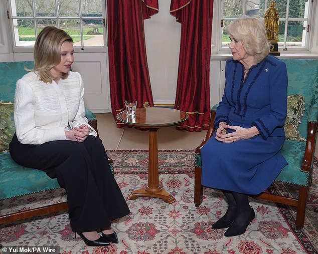 Queen Camilla listened intently as she met Ukraine's first lady Olena Zelenska at Clarence House on Thursday.