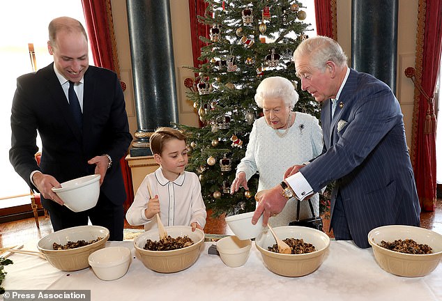 Memories: Prince George is shown enthusiastically stirring Christmas pudding in images released to commemorate four generations of the royal family supporting a Royal British Legion project in 2019.