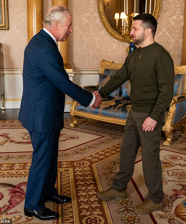 The King (pictured meeting President Zelensky) has met Ukrainian President Volodymyr Zelensky several times, including during his visit to the UK in February last year.