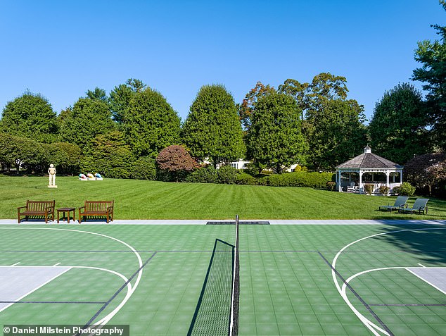 Pictured is a pickleball court on the property.