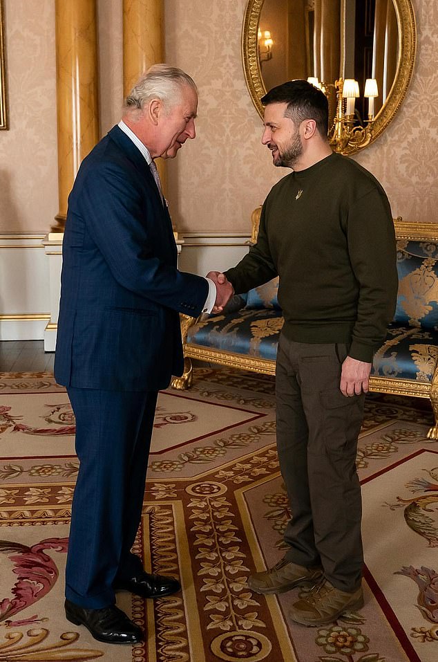 The King (pictured meeting President Zelensky) has met Ukrainian President Volodymyr Zelensky several times, including during his visit to the UK in February last year.