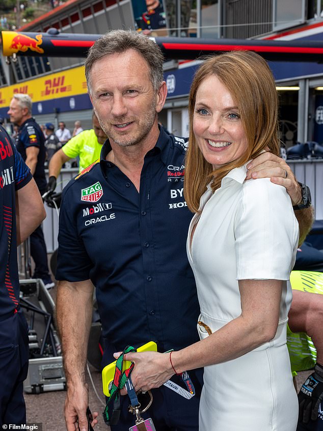 Geri Halliwell faces fresh torment tonight after WhatsApp text messages and photos allegedly exchanged between her F1 husband Christian Horner and an employee were leaked. Pictured: Halliwell and Horner together at the Monaco Grand Prix last May.