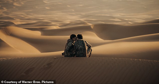 Paul (Chalamet) and Chani (Zendaya) kiss in the sand dunes of Arrakis.  Primarily, the action plays out in subtle shades of brown and beige, as if the set designers were being told to confine themselves to the confines of Farrow & Ball's color chart.