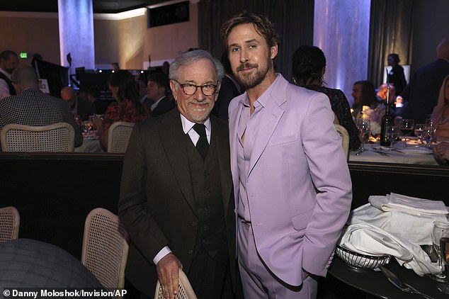 The 43-year-old Canadian (right) later rubbed shoulders with three-time Oscar winner Steven Spielberg (left), nominated once again for producing Maestro.