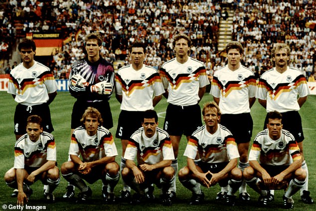 The West German team will face Argentina in the 1990 World Cup final in Rome.  Back row (from left to right): Thomas Berthold, Bodo Illgner, Klaus Augenthaler, Guido Buchwald, Pierre Littbarski, Rudi Voller.  Front row (from left to right): Thomas Hassler, Jurgen Klinsmann, Jurgen Kohler, Andreas Brehme, Lothar Matthaus.