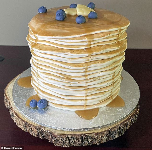 Is there anything better for breakfast than a big stack of pancakes?  There is!  A cake designed to look like a stack of pancakes