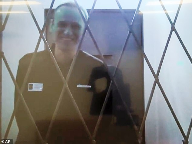Alexei Navalny was serving a 19-year prison sentence in the Polar Wolf penal colony (pictured above: last video court appearance)