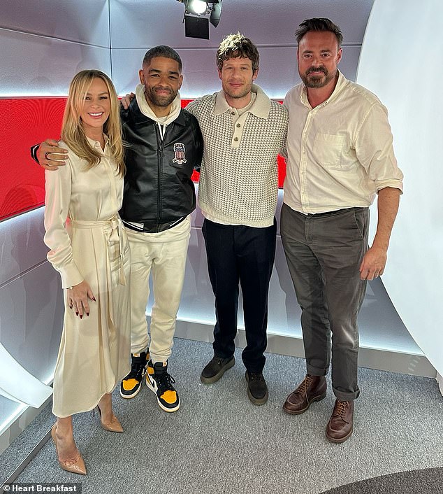 Amanda Holden (left), revealed that her parents will star in Happy Valley star James Norton's (second from right) new Cornwall-based TV drama when he and Kingsley Ben-Adir appeared on Heart Breakfast on Monday.