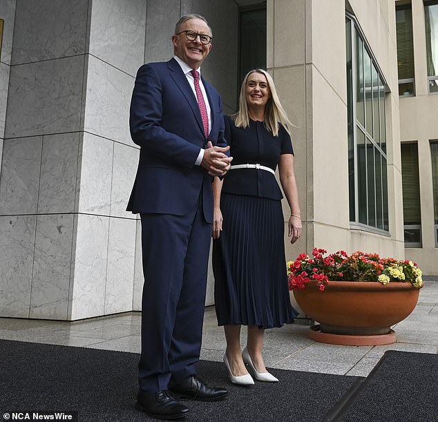 Albanese and his partner Jodie Haydon (pictured together) are staying rent-free at The Lodge in Canberra and Kirribilli House in Sydney.