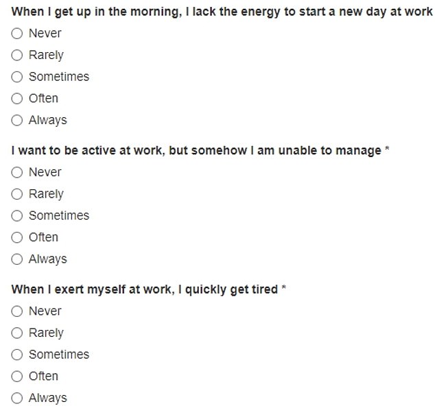 The burnout questionnaire asks people to rate their feelings about work from 