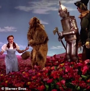 Dorothy is seen running through the colorful red poppies with the Cowardly Lion, the Tin Man, and the Scarecrow.