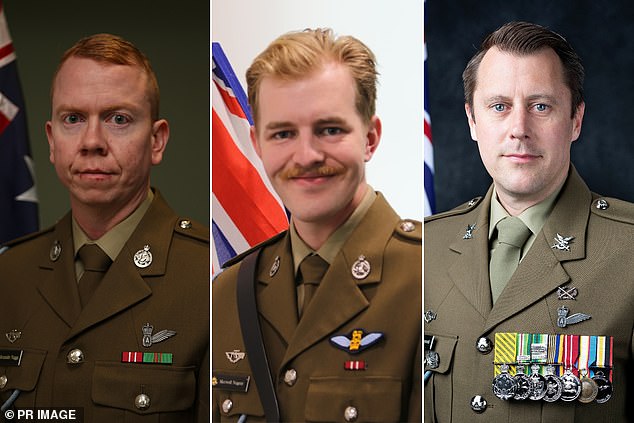 Corporal Alex Naggs, Lieutenant Maxwell Nugent and Warrant Officer Class 2 Joseph Laycock (pictured left to right) were the other three killed in the tragedy.